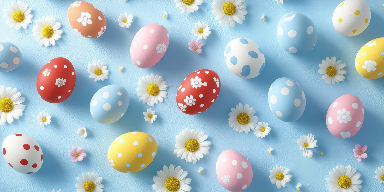 Colorful decorated eggs surrounded by daisies on a light blue background for spring celebration